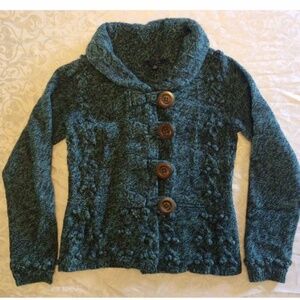 Women’s Chadwick’s Blue Green Black Heathered Big Button Boho Cardigan Small